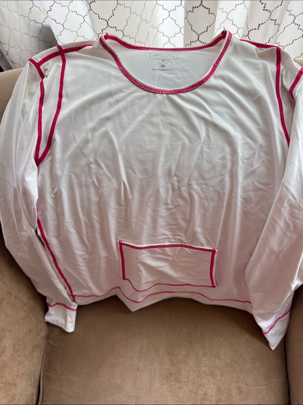 Athleta White Long Sleeve Top with Fuchsia Contrast Trim